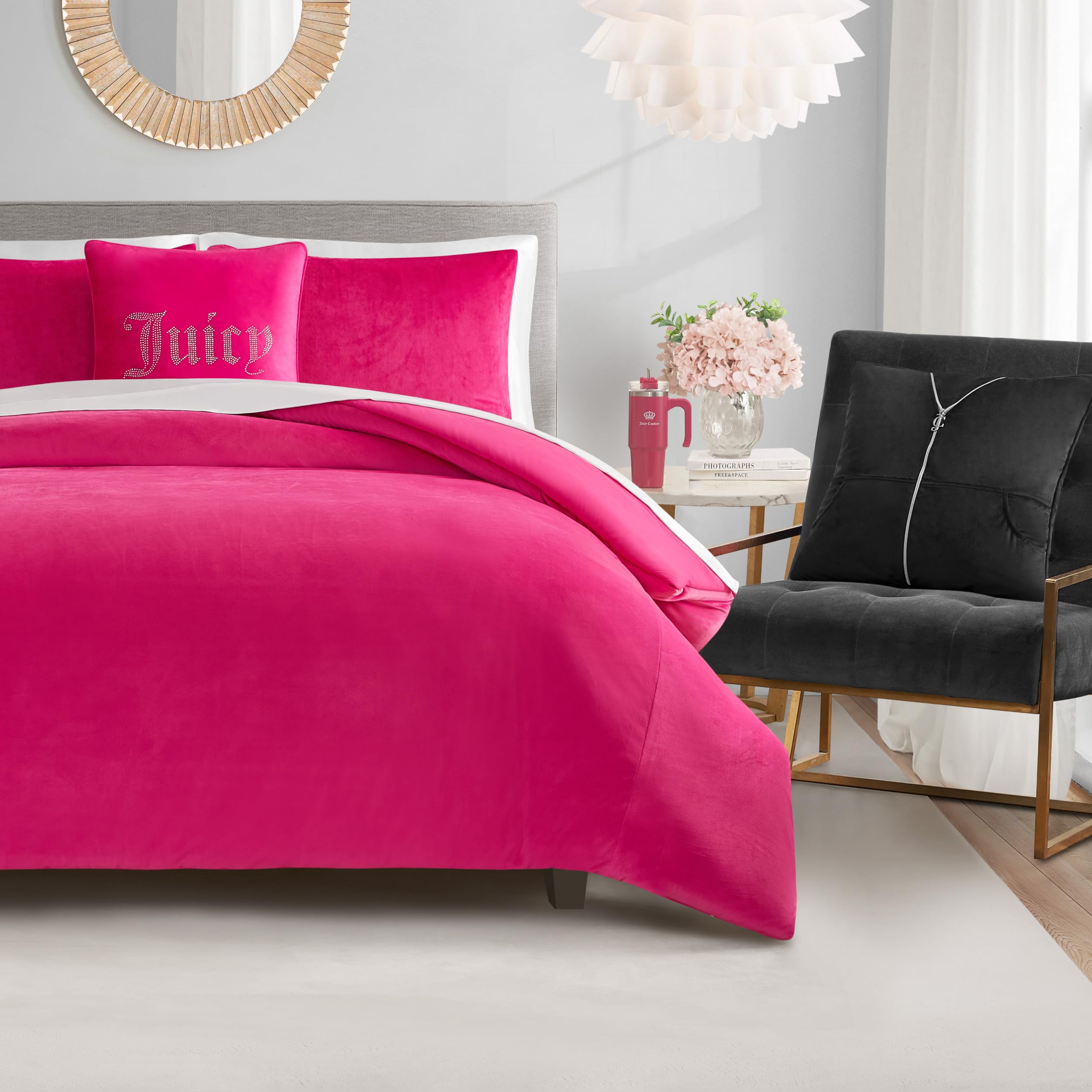 Juicy Couture Hot Pink Velour Twin/Twin Xl Comforter Set With Decorative Pillows - 4 Piece Luxury Bedding Ensemble